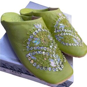 Glam Souls ASHA Moroccan babouche muscat Leather Beaded Sequin Slippers 8 NIB